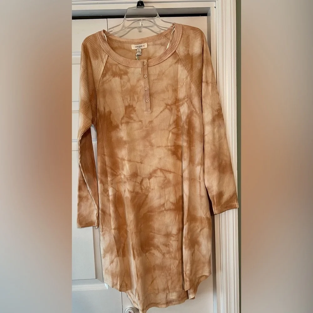 Umgee Boutique Women's Beige Tie Dyed Ribbed Henley Midi Dress NWT XL 1X #2333-4